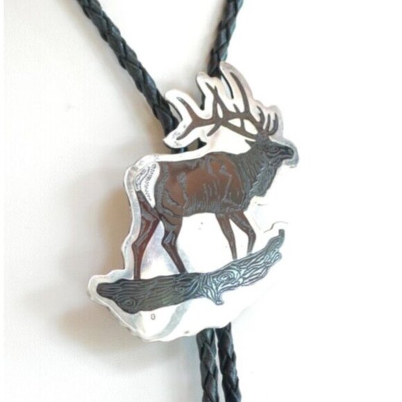 Zuni Native American BULL ELK Bolo Tie by Dale Edaakie Handmade Vintage - Picture 2 of 15